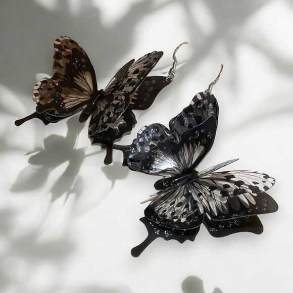 Black 3D Big Butterfly Dangle Earrings - NEW - Picture 2 of 3